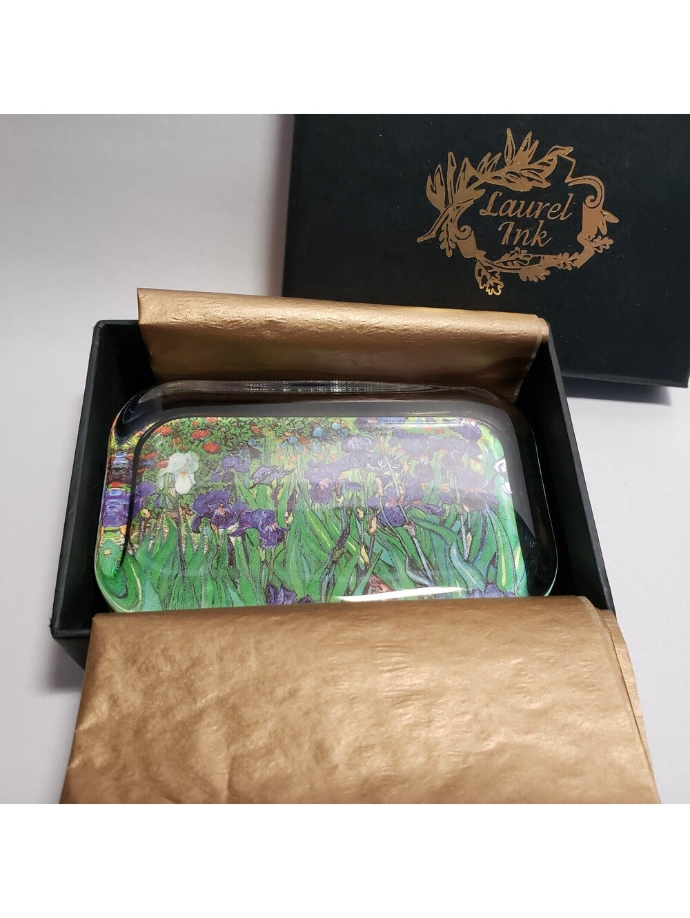Laurel Ink Paperweight New in Gift Box Van Gogh Iris Glass Rectangle Bar Felted